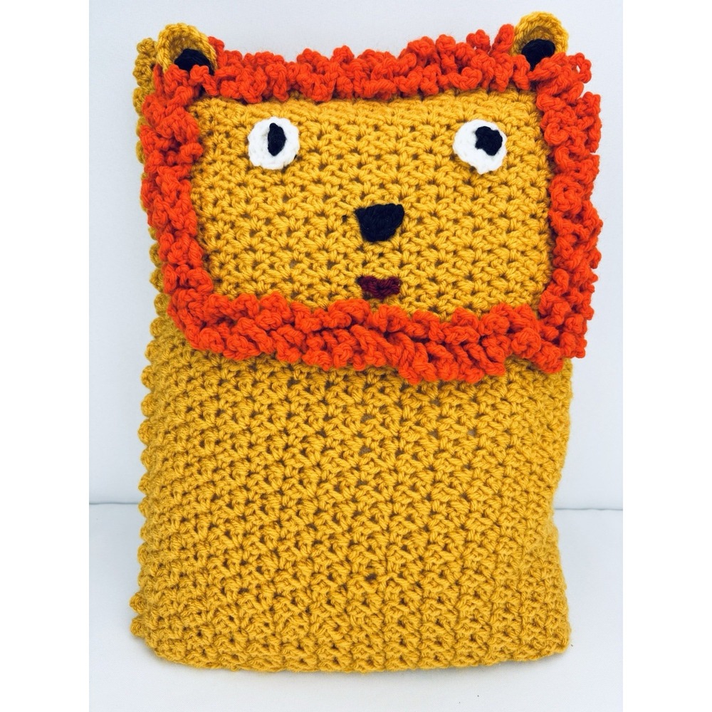 Vintage 1970s Crocheted Lion Accent Pillow Cover Removable  Handmade MCM